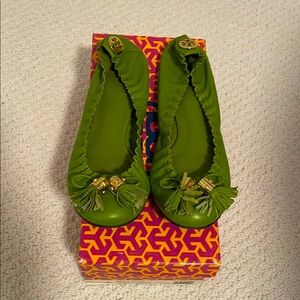 Tory Burch Green Ballet Flats with Gold Accents